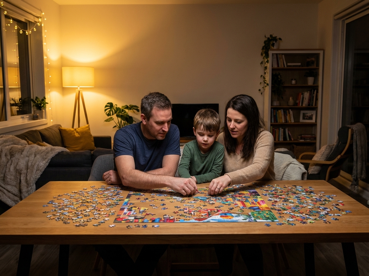 Lifestyle photography of a cozy modern living room where people are assembling a colorful 1000 piece jigsaw puzzle on a large table with warm evening light 4:3 no text