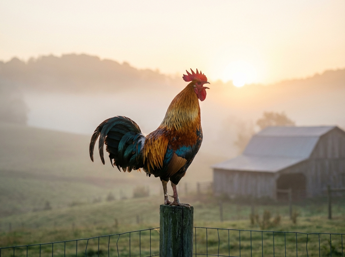 A majestic rooster crowing in the misty early morning with a soft golden sunrise in the background, rural farm landscape, lifestyle photography, warm natural lighting, high resolution, 4:3 aspect ratio, no text.