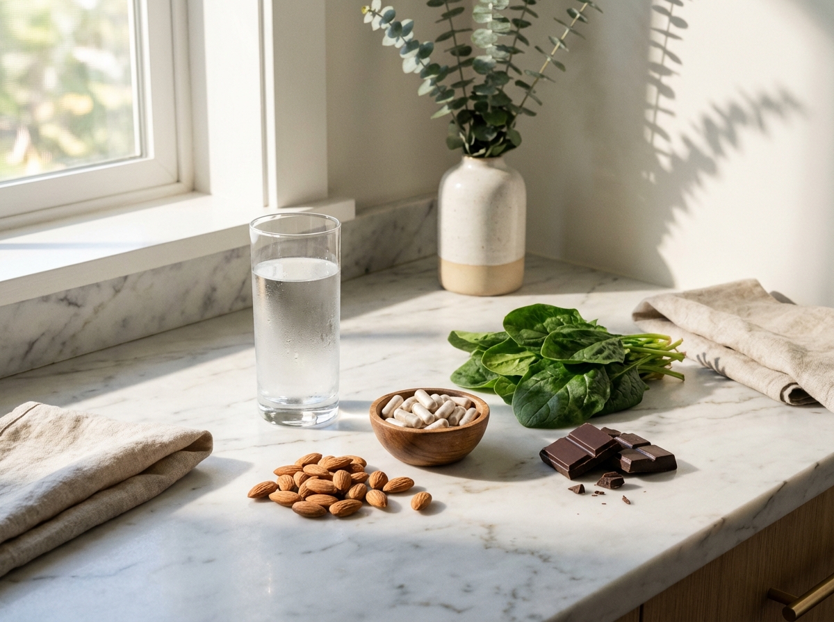 A clean and modern lifestyle photograph featuring a glass of water, a small wooden bowl with magnesium capsules, and natural sources of magnesium like almonds, spinach, and dark chocolate on a marble kitchen counter. Soft morning sunlight filtering through a window, 4:3 aspect ratio, high quality, no text.