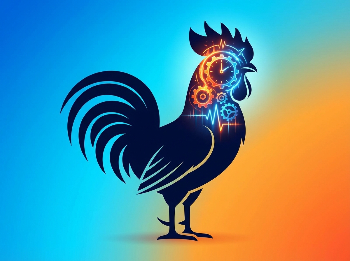 A clean infographic-style illustration of a rooster's silhouette with a glowing clock gear inside its head, representing the circadian rhythm, modern layout, high contrast, vibrant blue and orange gradient background, 4:3 aspect ratio, no text.