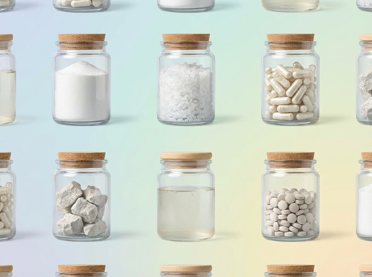 An informational infographic style image showing different types of magnesium supplements in glass jars. Minimalist layout with soft pastel background colors, high contrast, clean composition, professional lighting, 4:3 aspect ratio, no visible text or charts.