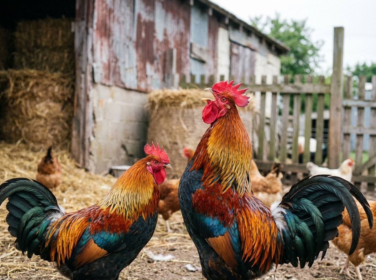 Two colorful roosters in a farmyard environment, one is actively crowing, realistic lifestyle photography, natural lighting, sharp focus on the roosters, textured farm background, 4:3 aspect ratio, no text.