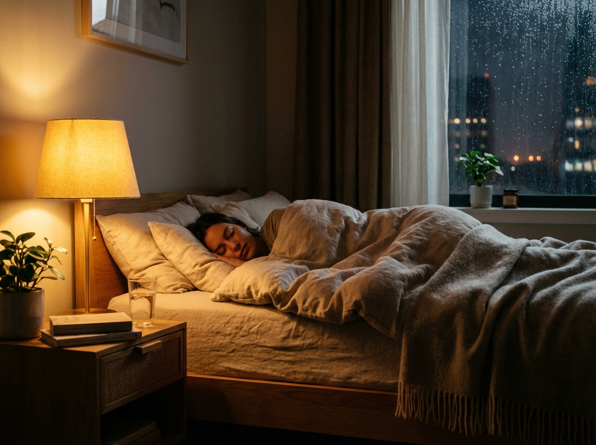 A cozy and warm bedroom scene at night with a person sleeping peacefully under a soft duvet. A bedside table has a lamp with warm golden light and a glass of water. Peaceful atmosphere, cinematic lighting, high resolution, 4:3 aspect ratio, no text.