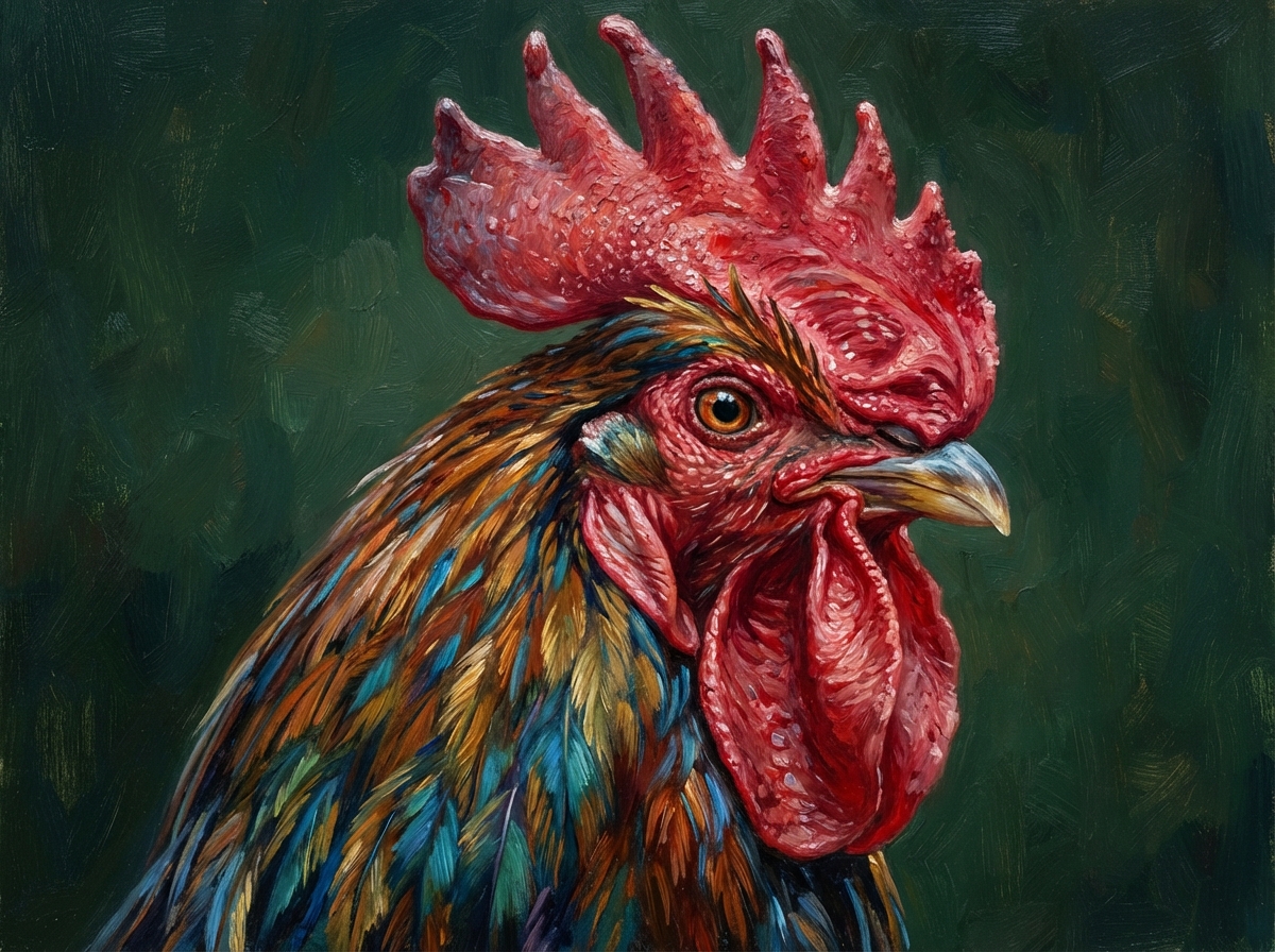 Close-up portrait of a majestic rooster's head, detailed red comb and vibrant feathers, high resolution, artistic rendering, textured dark green background, balanced lighting, 4:3 aspect ratio, no text.