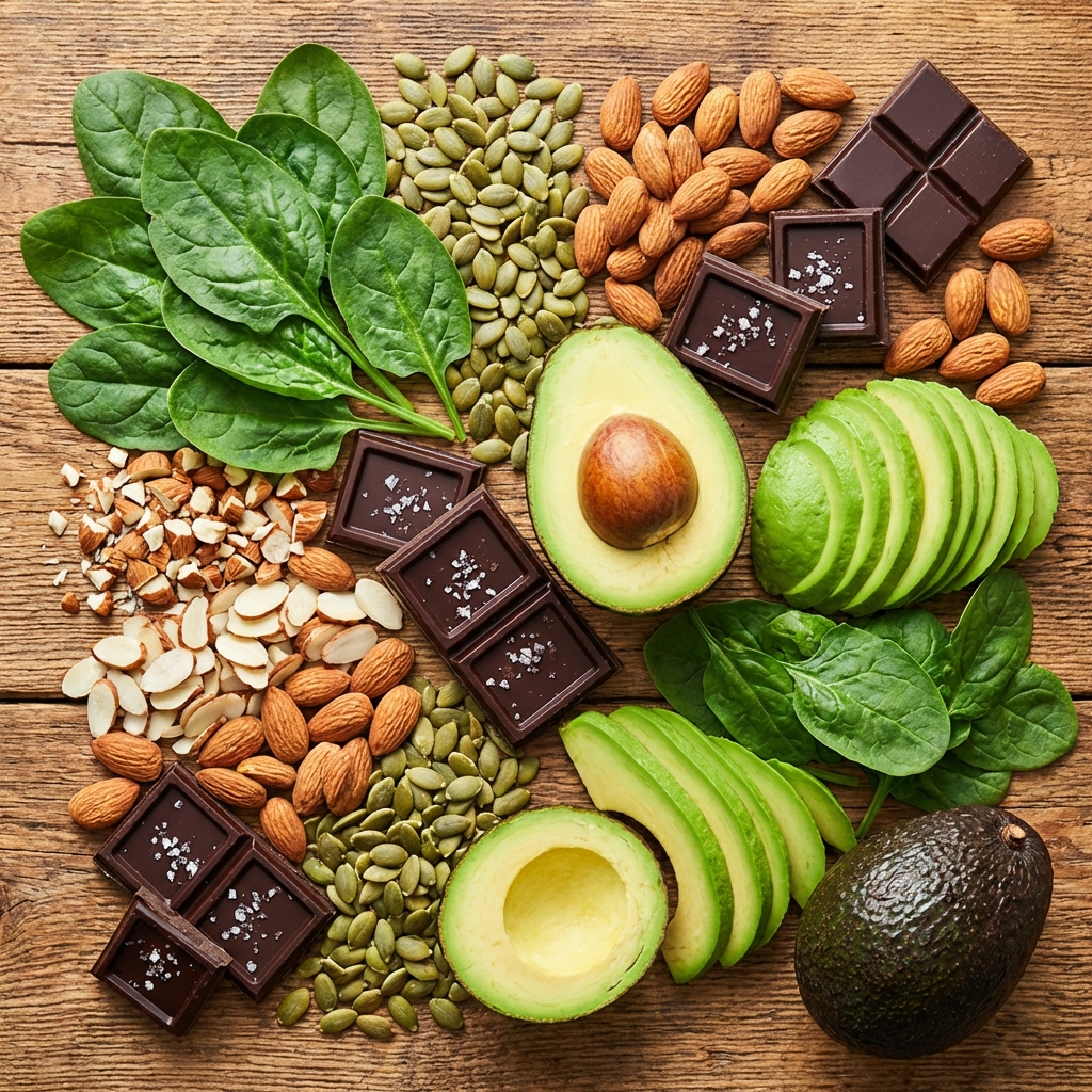 A vibrant and detailed top-down shot of various healthy foods rich in magnesium arranged artistically. Includes spinach leaves, pumpkin seeds, almonds, dark chocolate squares, and avocados. Bright and natural colors, textured wooden background, professional food photography style, 1:1 aspect ratio, no text.