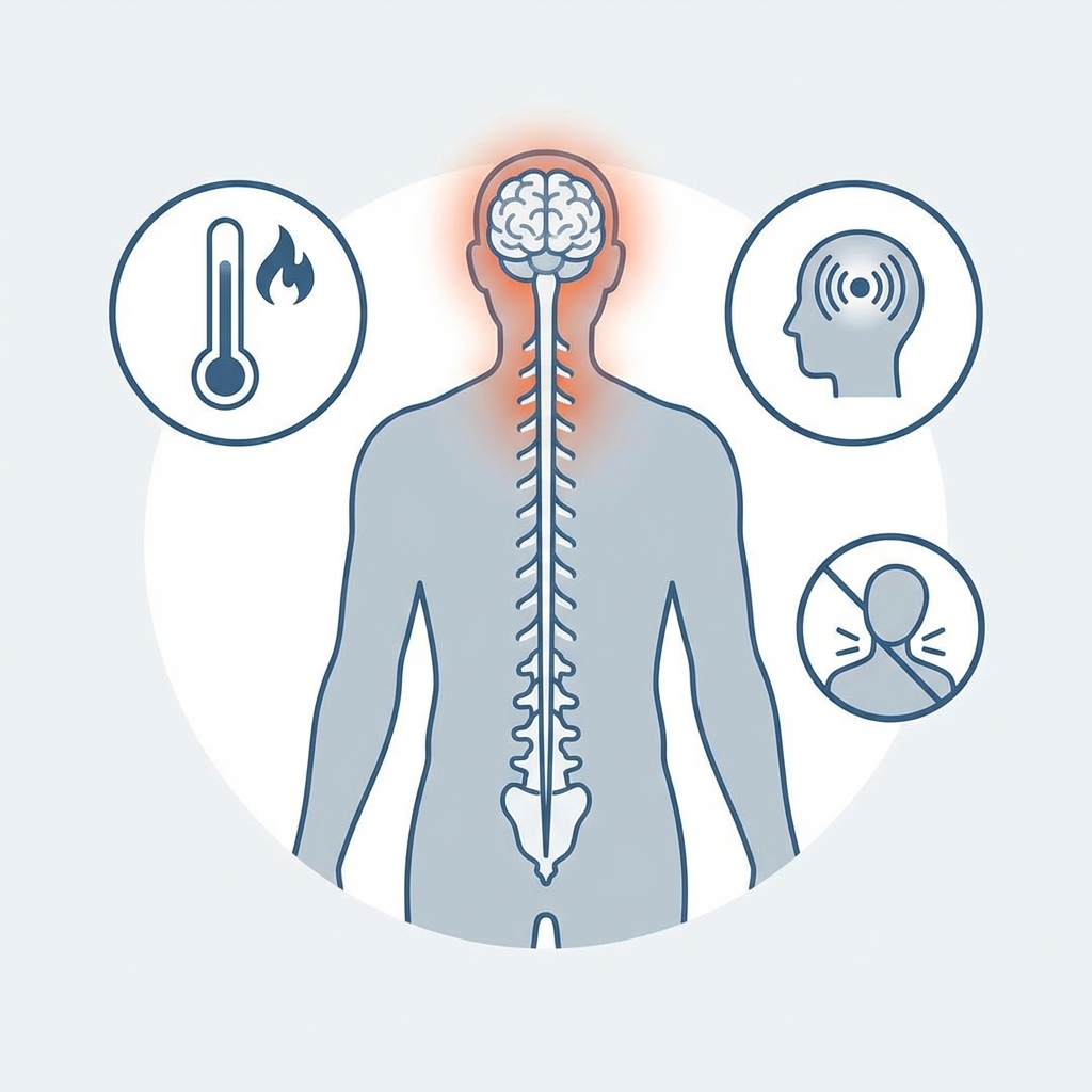 A clean and modern medical infographic showing the brain and spinal cord with inflammation highlighted. Icons representing high fever, severe headache, and neck stiffness are arranged around a human silhouette. Professional layout, blue and white color palette, 1:1 aspect ratio, no text.