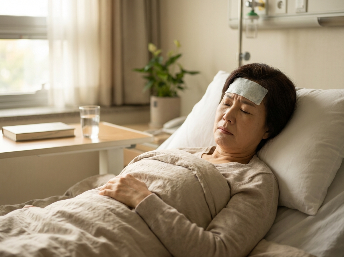 A lifestyle photography of a Korean adult lying in a hospital bed with a cooling patch on the forehead, looking distressed. Soft hospital lighting, cinematic atmosphere, natural setting, 4:3 aspect ratio, no visible text.
