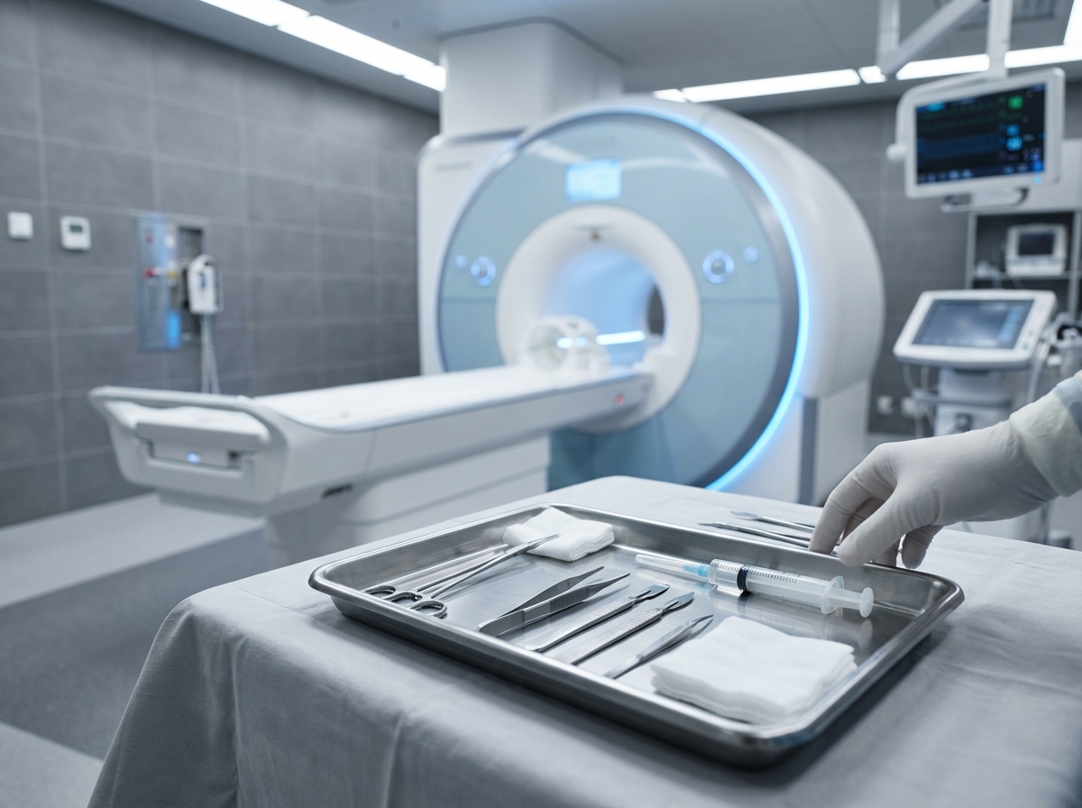 A professional medical setting with a focus on a sterile tray with medical tools and a modern MRI scanner in the blurred background. High contrast, clean medical environment, 4:3 aspect ratio, no text.