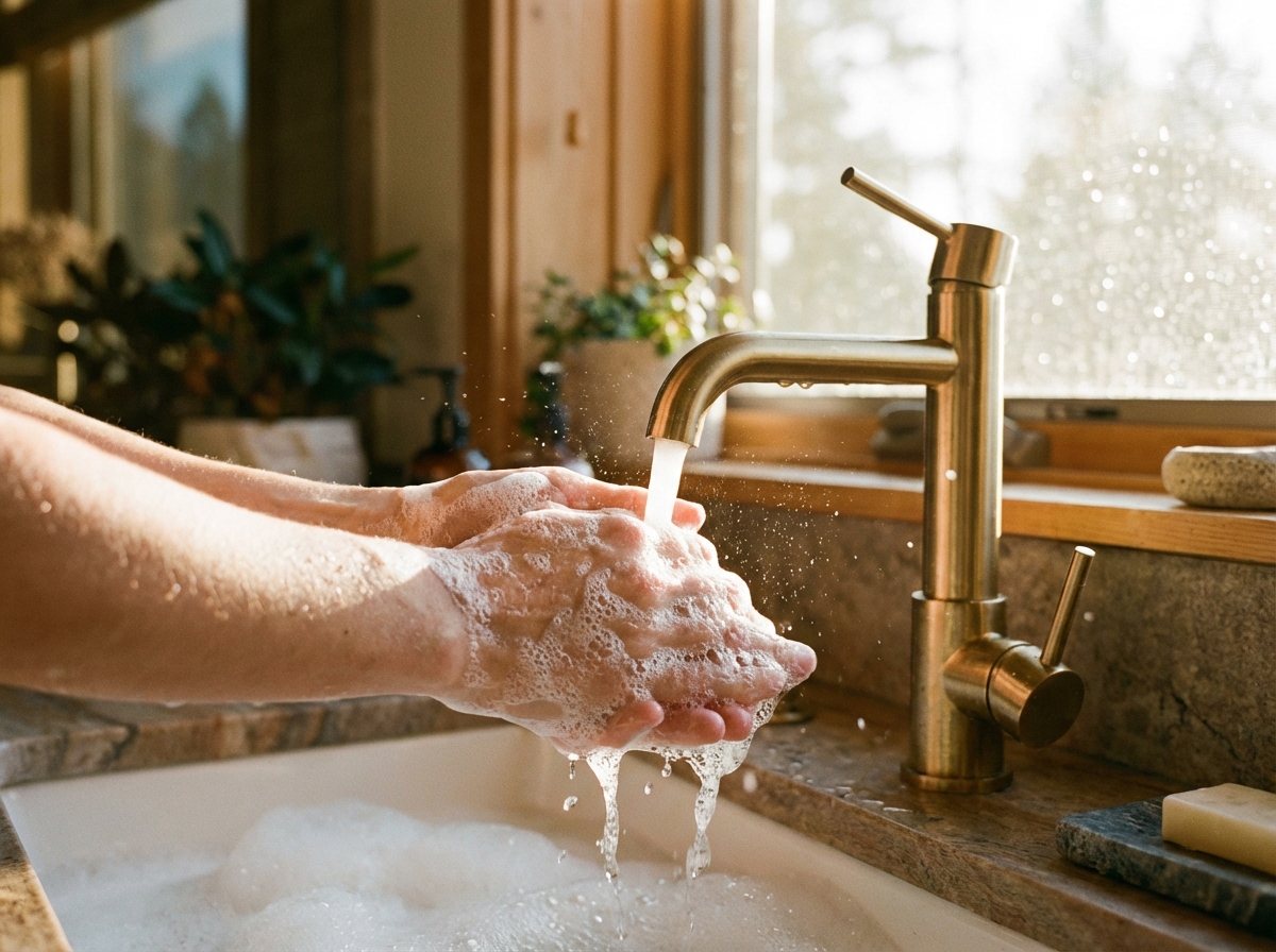 A close-up lifestyle shot of a person washing hands with soap bubbles under running water in a modern bathroom. Warm sunlight, healthy lifestyle vibe, detailed water droplets, 4:3 aspect ratio, no text.