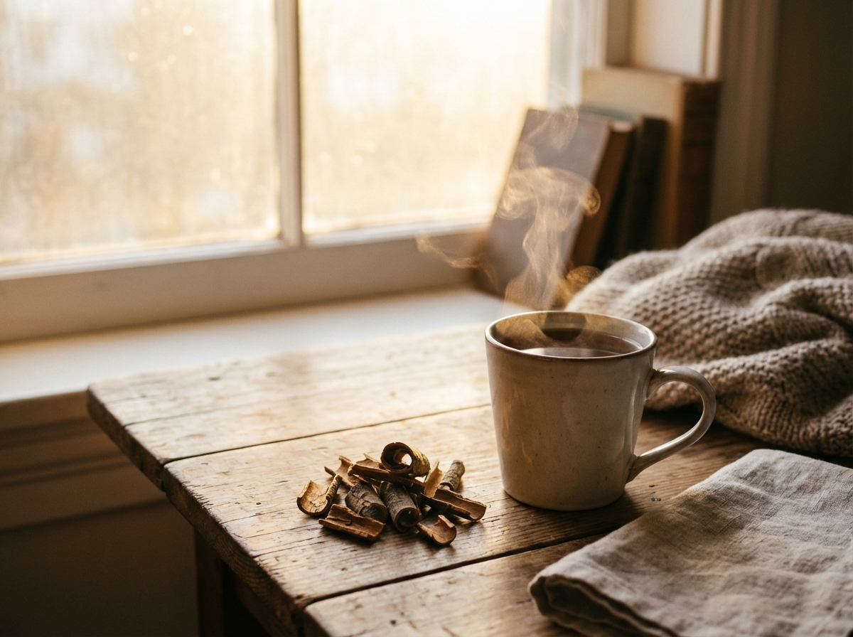 A warm lifestyle photography of a wooden table with a steaming cup of herbal tea, dried elm bark pieces next to it, soft natural morning sunlight, cozy atmosphere, high quality, 4:3 aspect ratio, no text