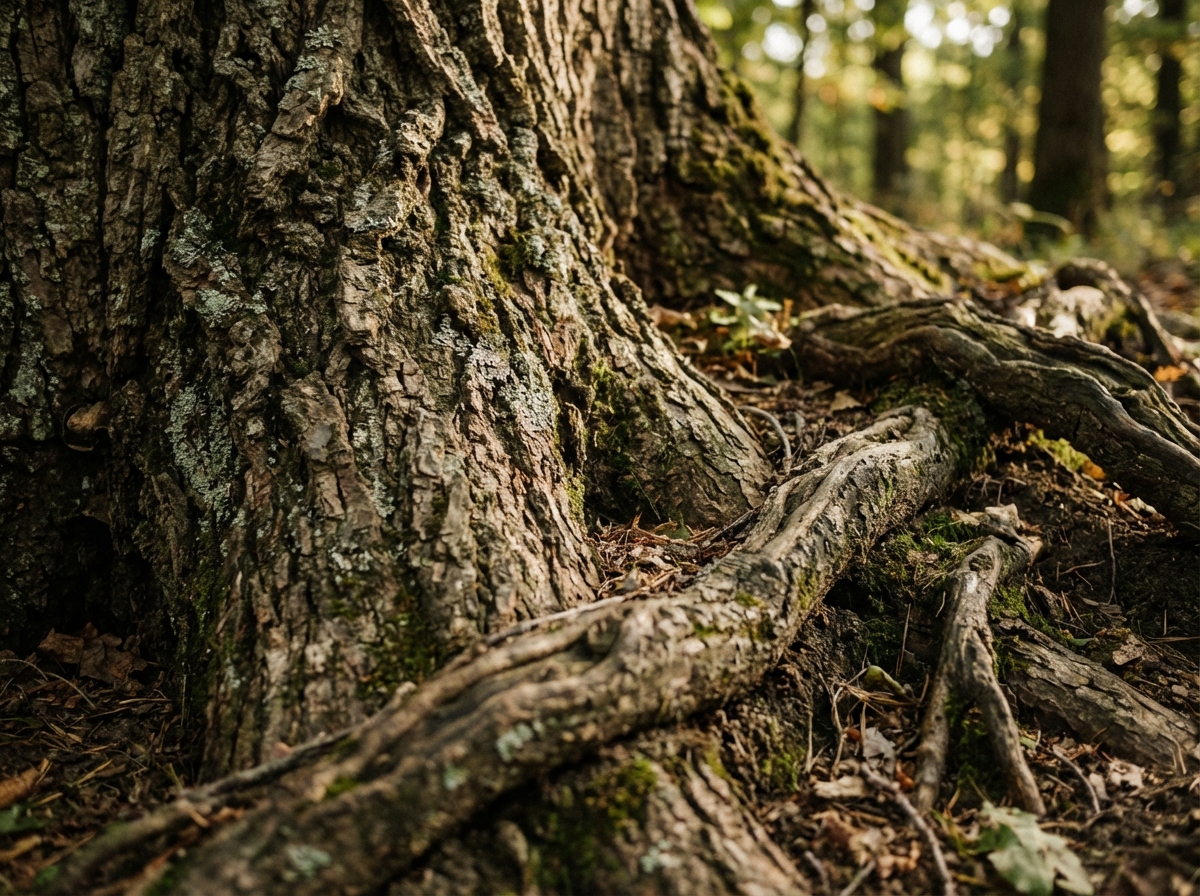 Close up macro shot of elm tree bark and its roots in a forest setting, textured natural background, realistic details, earthy tones, cinematic lighting, 4:3 aspect ratio, no text