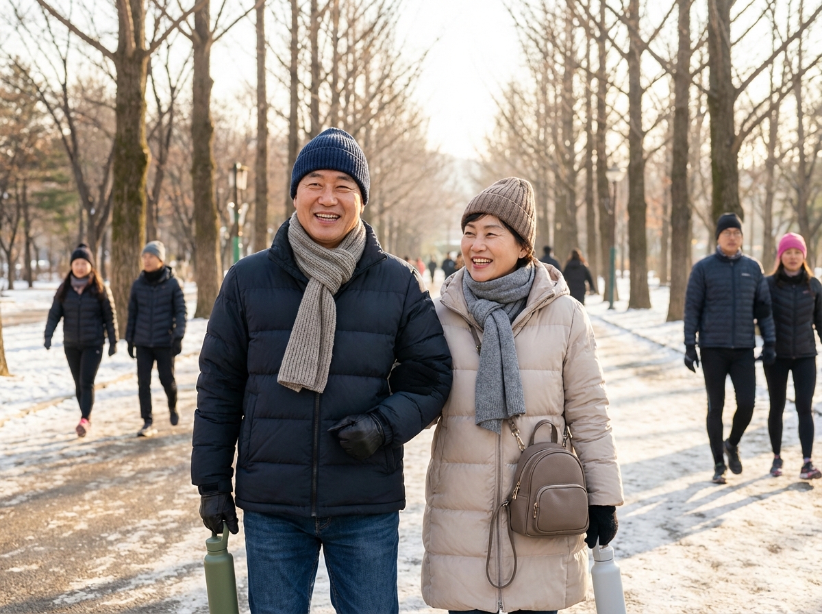A happy middle-aged Korean couple walking in a sunny park during winter, wearing stylish warm clothes, vibrant atmosphere, focus on healthy lifestyle, high quality, 4:3 aspect ratio, no text