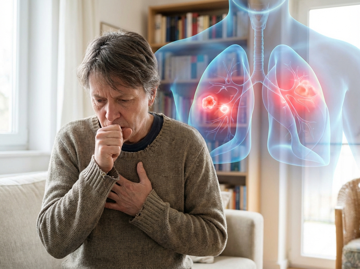 A realistic photo of an adult person coughing while holding their chest, with a subtle translucent medical illustration of lungs showing inflammation in the background. Natural indoor lighting, high quality, 4:3 aspect ratio, no text.