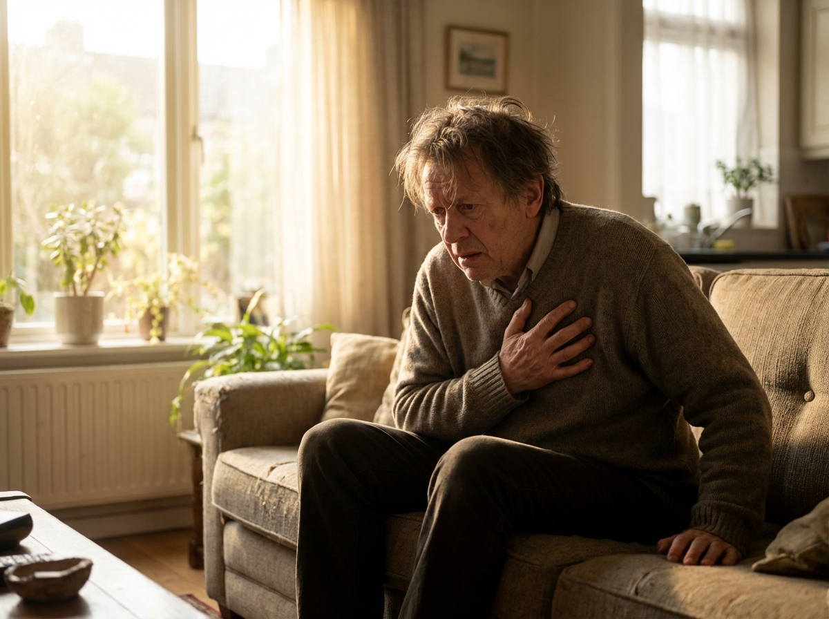 A medium shot of a person sitting on a sofa, looking distressed while touching their chest as if having difficulty breathing. Soft morning sunlight through a window, realistic lifestyle photography, 4:3 aspect ratio, no text.