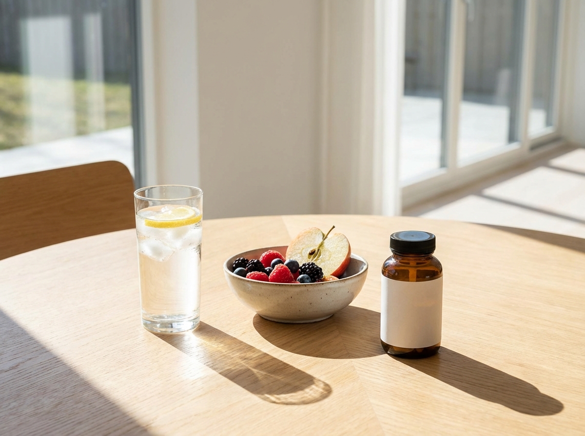A clean and modern scene showing a healthy lifestyle, featuring a glass of water, fresh fruits, and a medical supplement bottle on a wooden table. Bright airy atmosphere, high contrast, 4:3 aspect ratio, no text.