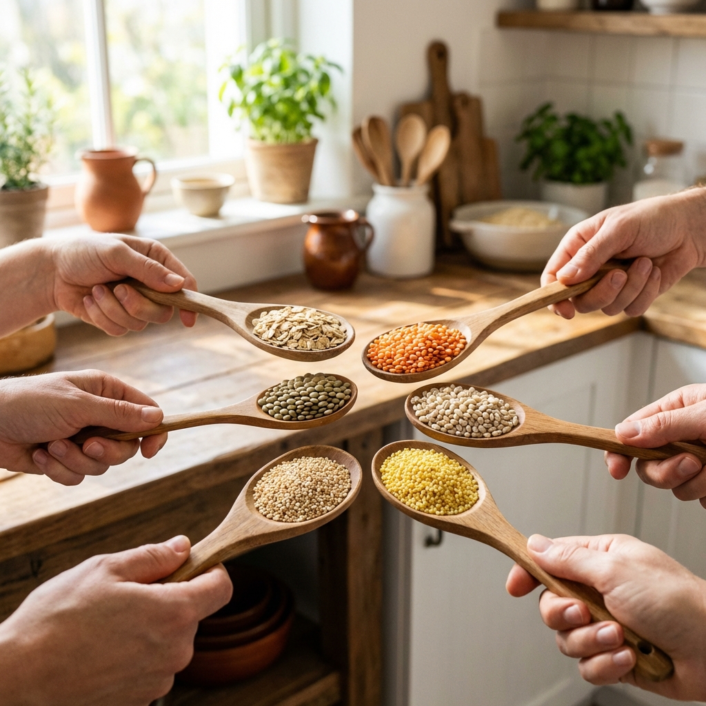High quality photography of various healthy raw grains like oats, lentils, and barley held in wooden spoons, bright natural morning light, clean kitchen background, 1:1 aspect ratio, no text