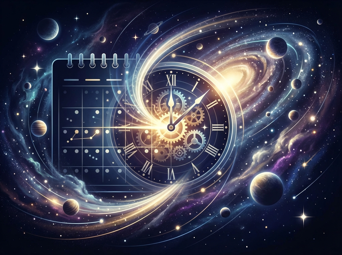A modern and clean infographic style layout showing a calendar merging with a clock and cosmos elements, high contrast, professional lighting, 4:3 aspect ratio, no visible text
