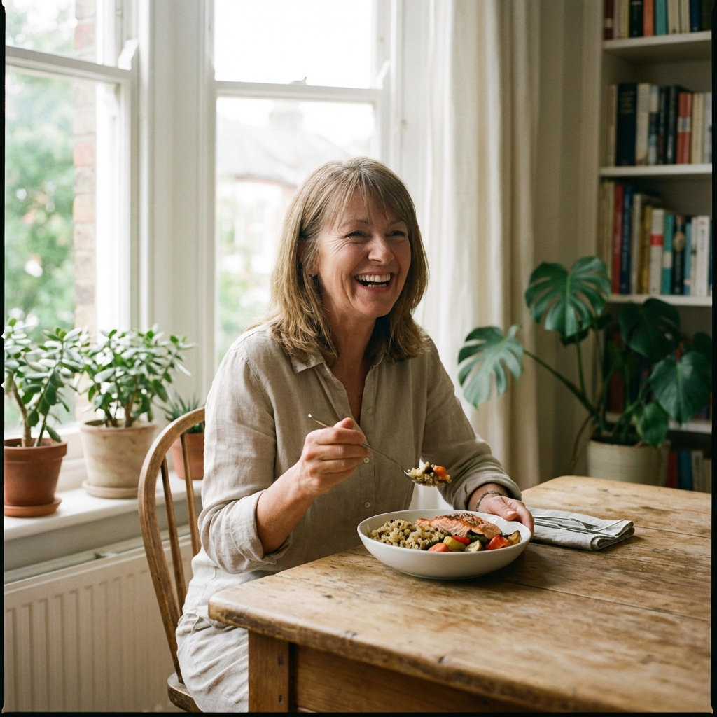A middle aged person smiling and enjoying a healthy meal with grain rice in a cozy bright dining room, natural lifestyle photography, 1:1 aspect ratio, no text
