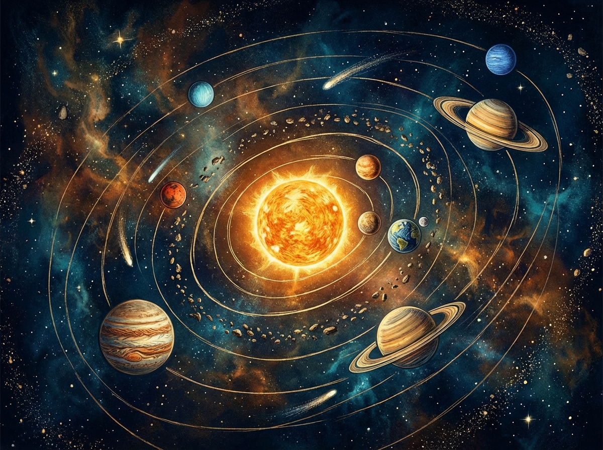 An artistic illustration of the solar system showing different planetary orbits around the sun, cosmic background, high contrast, detailed composition, 4:3 aspect ratio, no visible text