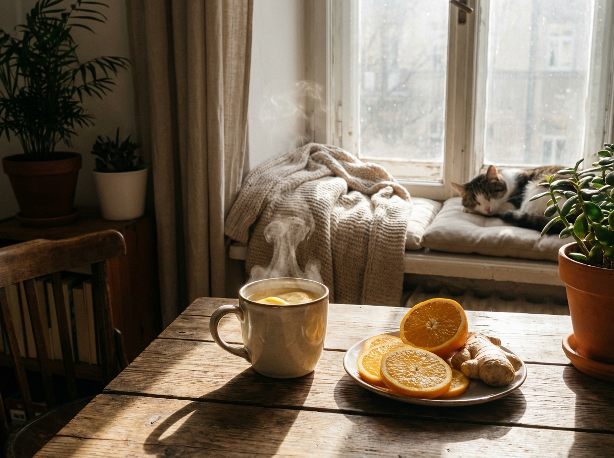 A cozy morning scene with a cup of steaming ginger tea, fresh sliced oranges, and a sunlight streaming through a window, 4:3, high quality photography, natural lighting, no text