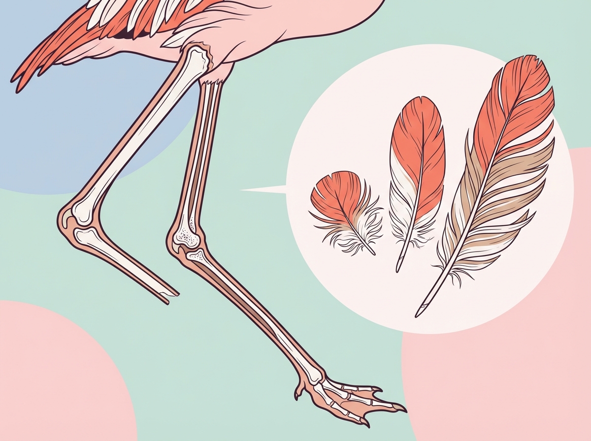 Scientific illustration of a flamingo leg structure and feathers, clean infographic style, soft pastel background, high contrast, 4:3 aspect ratio, no text