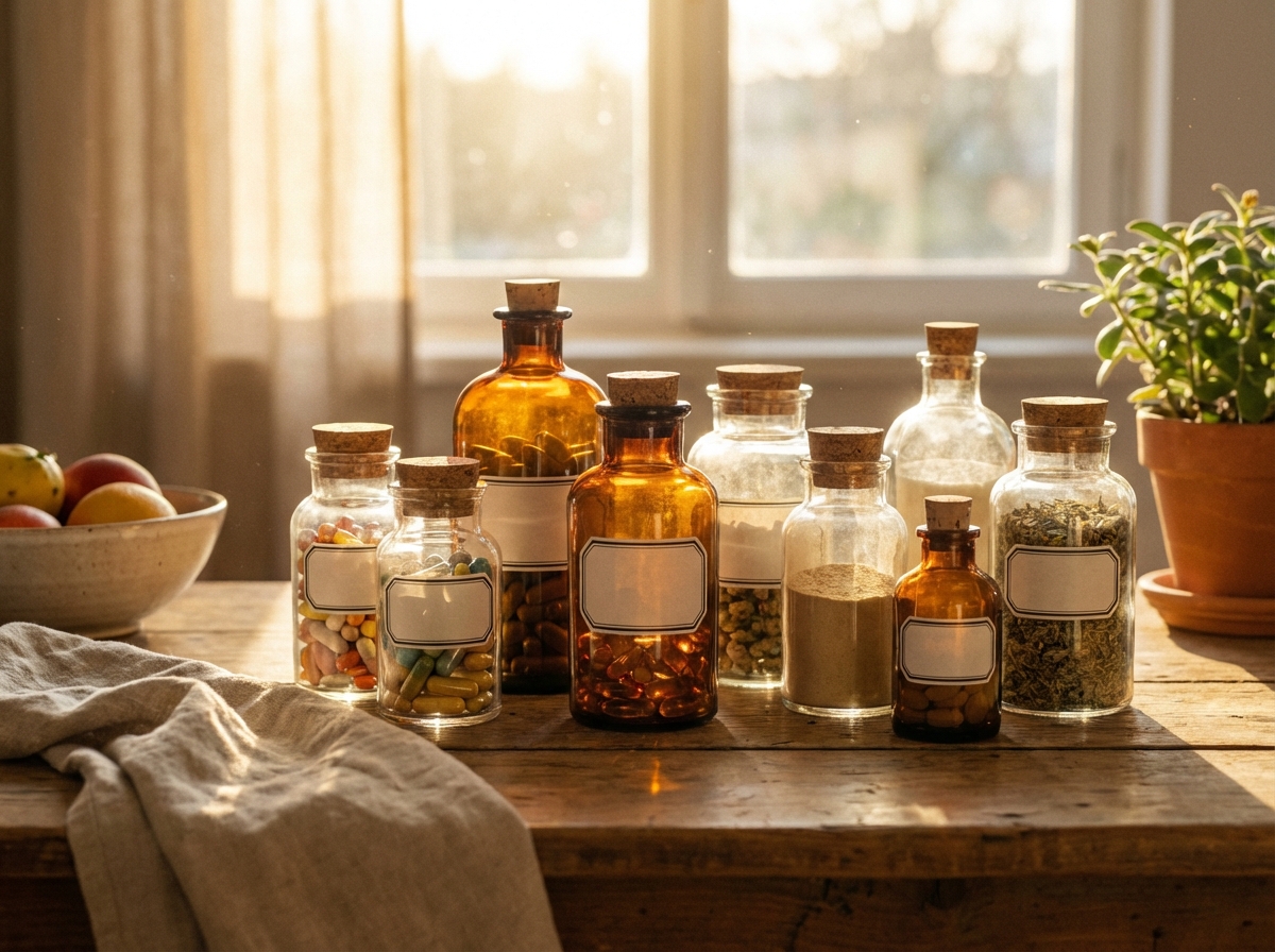 Various vitamins and supplements in a stylish glass bottle on a wooden table, soft sunlight, warm atmosphere, healthy lifestyle vibe, 4:3, realistic photography, no text