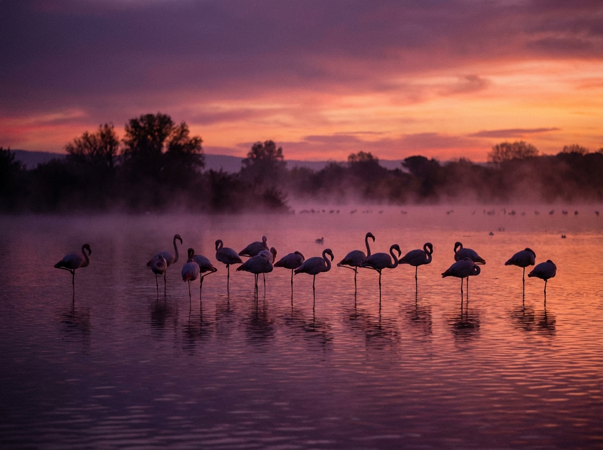 A flock of flamingos standing on one leg in a shallow lake during a beautiful purple sunset, atmospheric photography, rich colors, 4:3 aspect ratio, no text