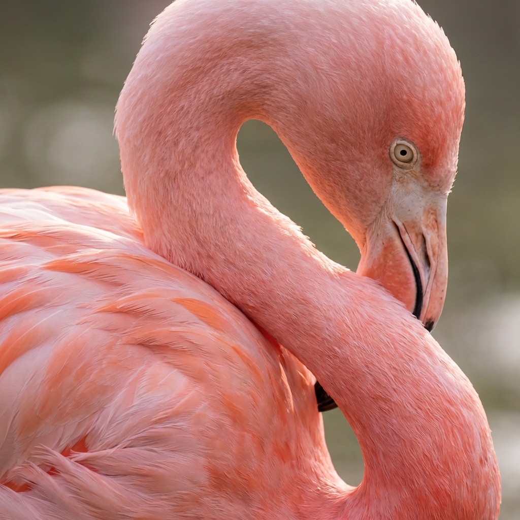Close up portrait of a flamingo, detailed pink feathers, elegant neck curve, soft natural lighting, artistic rendering, 1:1 aspect ratio, no text