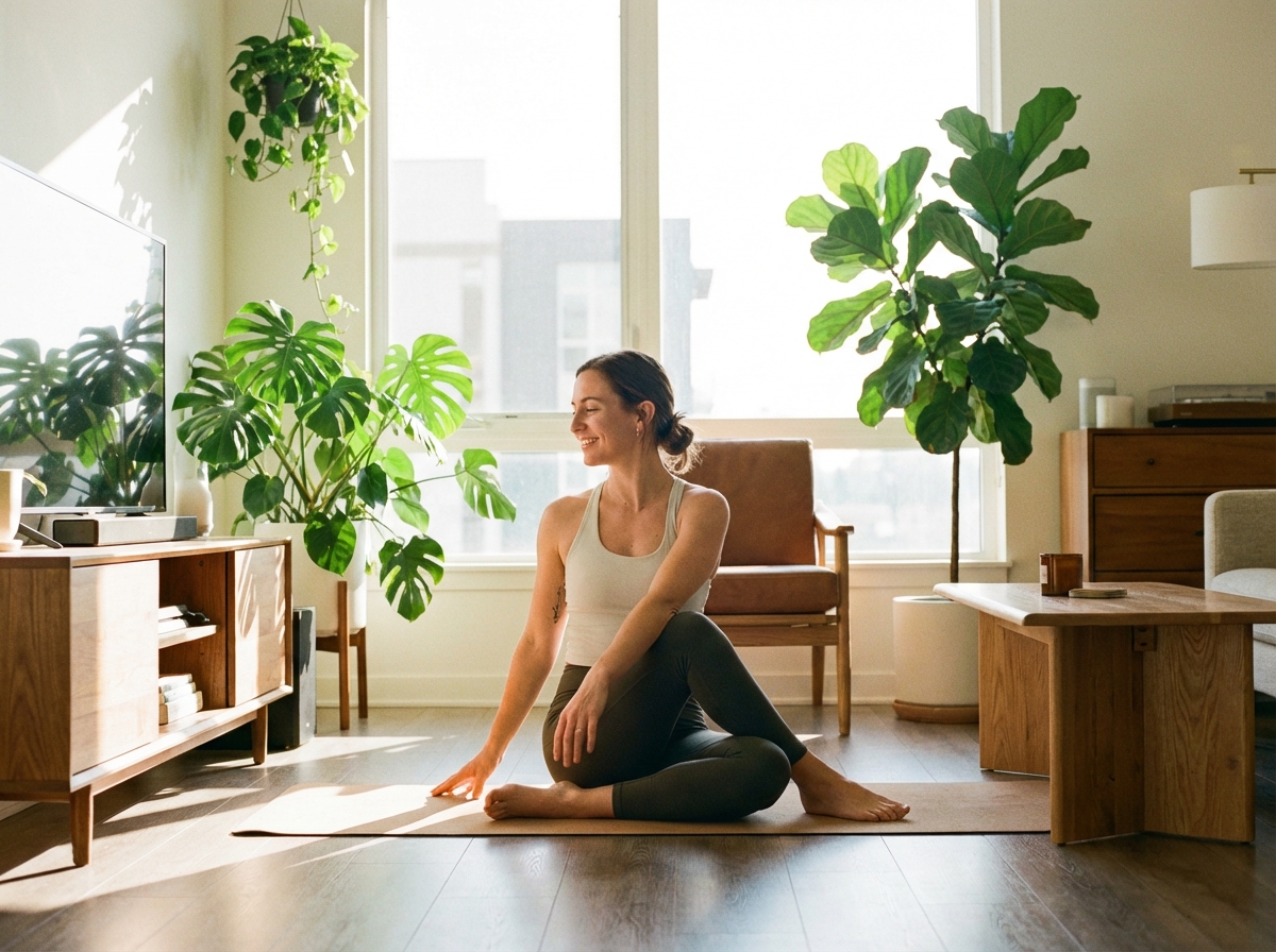 A person practicing light yoga stretches in a sunlit modern living room, green plants in the background, peaceful and energetic atmosphere, 4:3, high resolution, no text