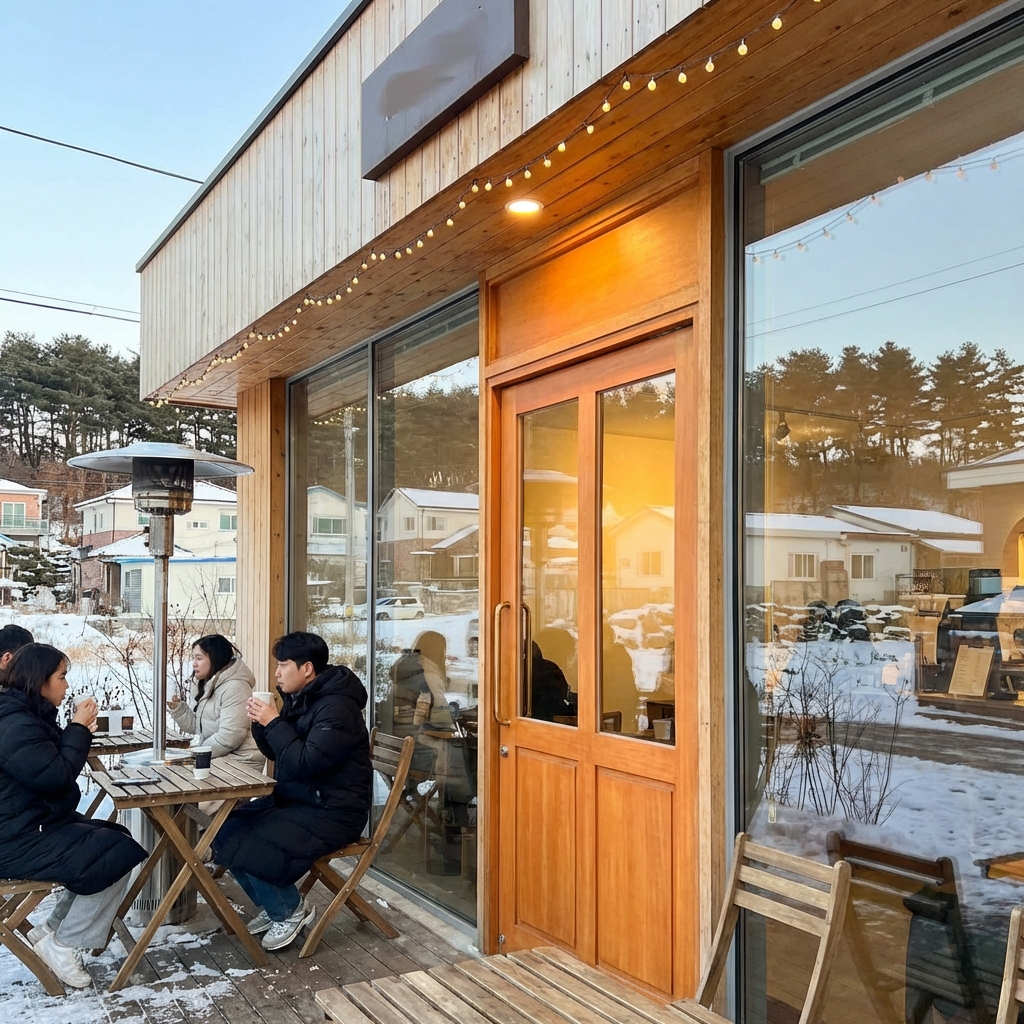 A cozy and modern cafe exterior in Gangneung South Korea with a warm wooden door large windows and soft golden lighting during a clear winter afternoon high quality lifestyle photography aspect ratio 1:1 no text