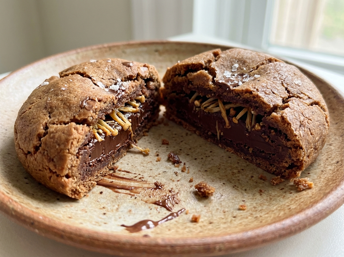 Close up shot of a halved chewy cookie with crispy enoki mushroom filling inside golden brown texture rich chocolate coating gourmet dessert photography on a ceramic plate aspect ratio 4:3 no text