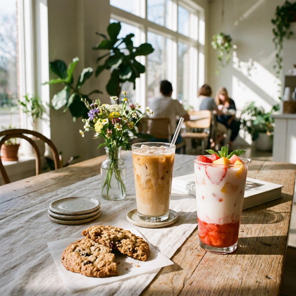 A beautifully set cafe table with a chewy cookie a glass of iced vanilla latte and a colorful strawberry peach latte with fresh fruit chunks bright and airy cafe atmosphere soft shadows aspect ratio 1:1 no text