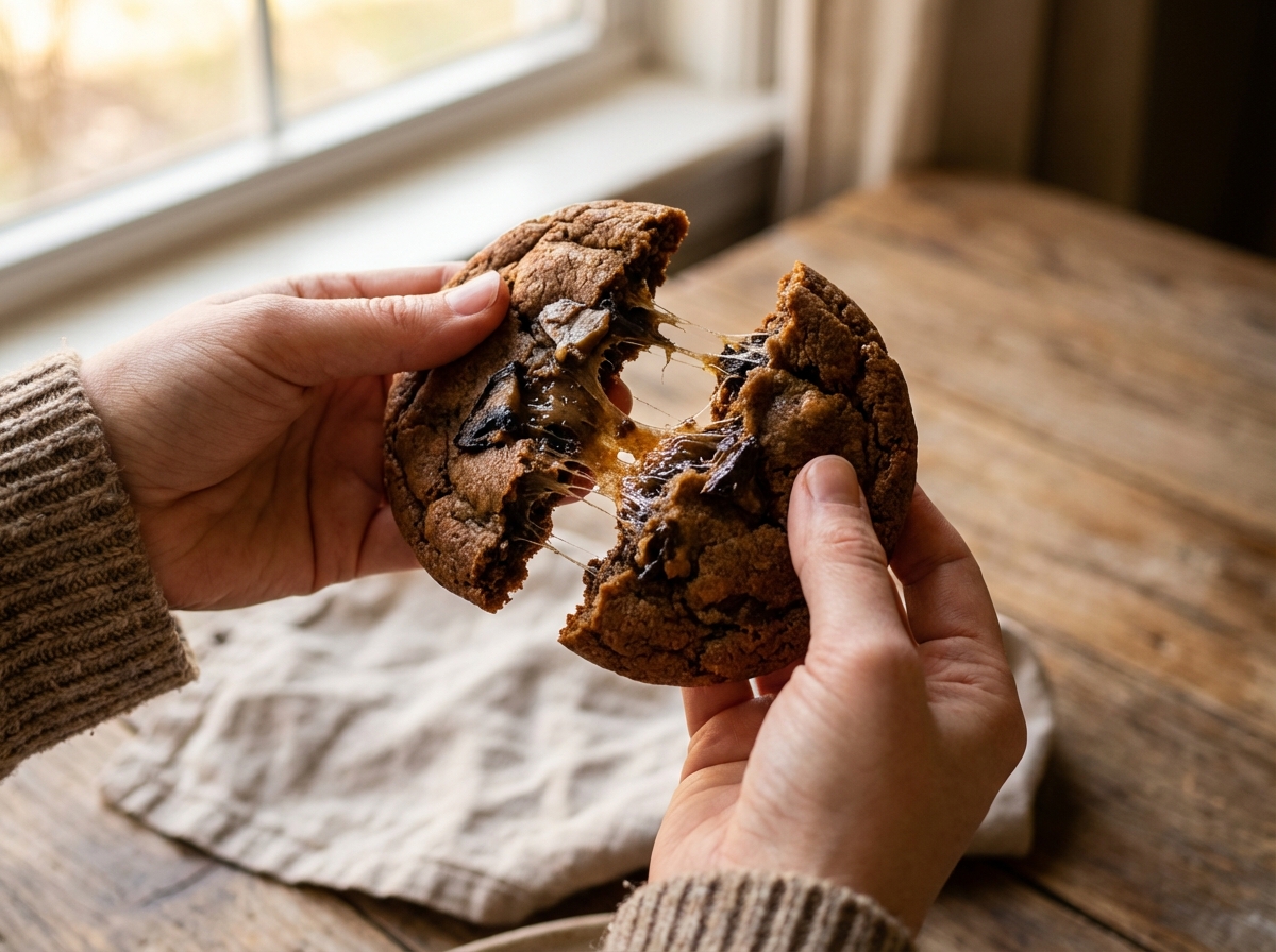 A person's hands pulling apart a very chewy cookie showing the elastic and sticky texture inside with crispy mushroom bits soft natural indoor lighting close up focus aspect ratio 4:3 no text