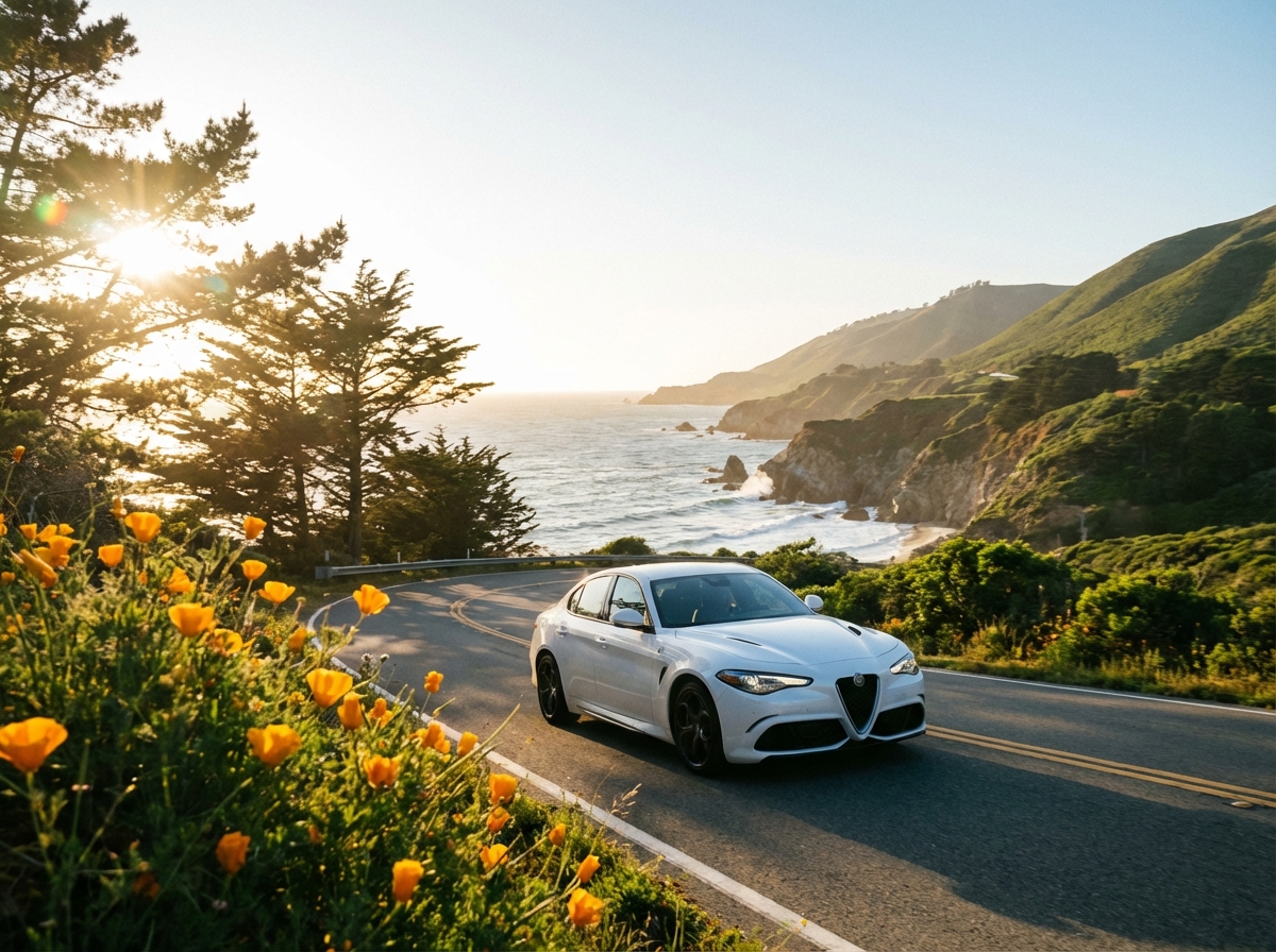 A dynamic shot of a white sedan driving smoothly on a scenic coastal road during a sunny morning. Lush greenery and blue sea in the background, cinematic lighting, 4:3 aspect ratio, no text.
