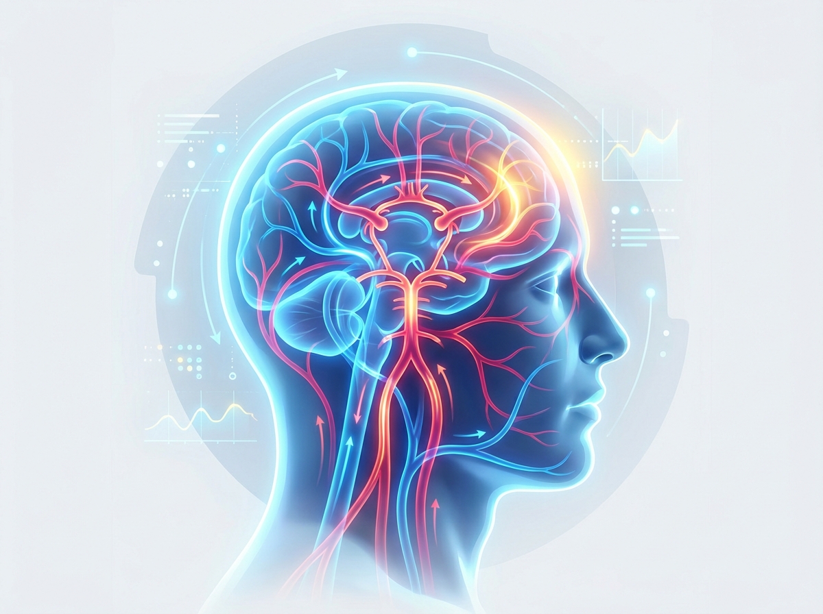 A clean medical infographic showing blood flow in the human brain, highlighting vascular pathways, bright and modern layout, high contrast, 4:3 aspect ratio, no visible text