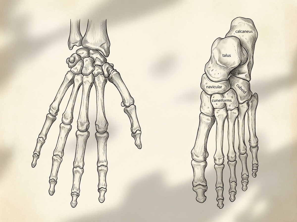 Detailed anatomical illustration of human hand and foot bones showing many small joints, clean white background with soft shadows, professional medical style, intricate details of carpals and tarsals, 4:3 aspect ratio, no text.