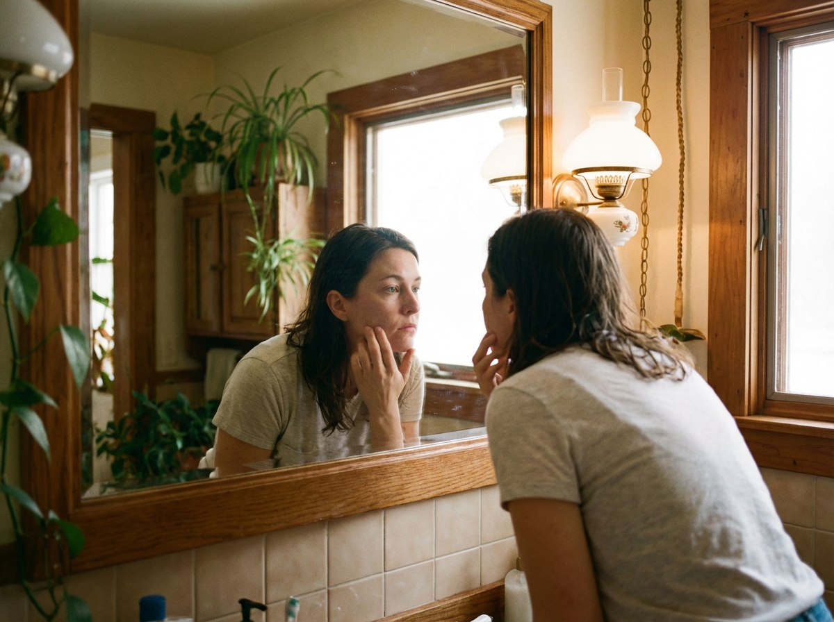 A person looking in a bathroom mirror checking for facial asymmetry, natural lifestyle photography, warm lighting, centered focus, 4:3 aspect ratio, no visible text