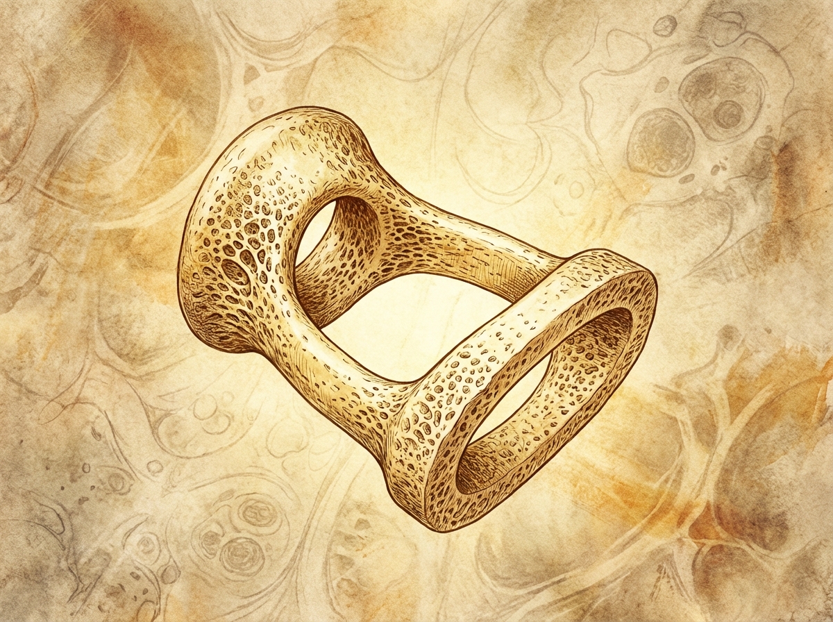 Microscopic perspective artistic rendering of the tiny stapes bone in the human ear, golden lighting, detailed texture, medical art style, textured background, 4:3 aspect ratio, no text.