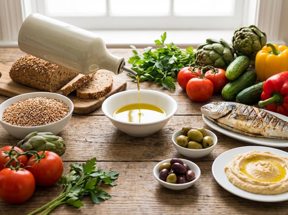A flat lay of healthy Mediterranean diet food including olive oil, whole grains, and fresh vegetables, bright and natural lighting, high quality food photography, 4:3 aspect ratio, no visible text