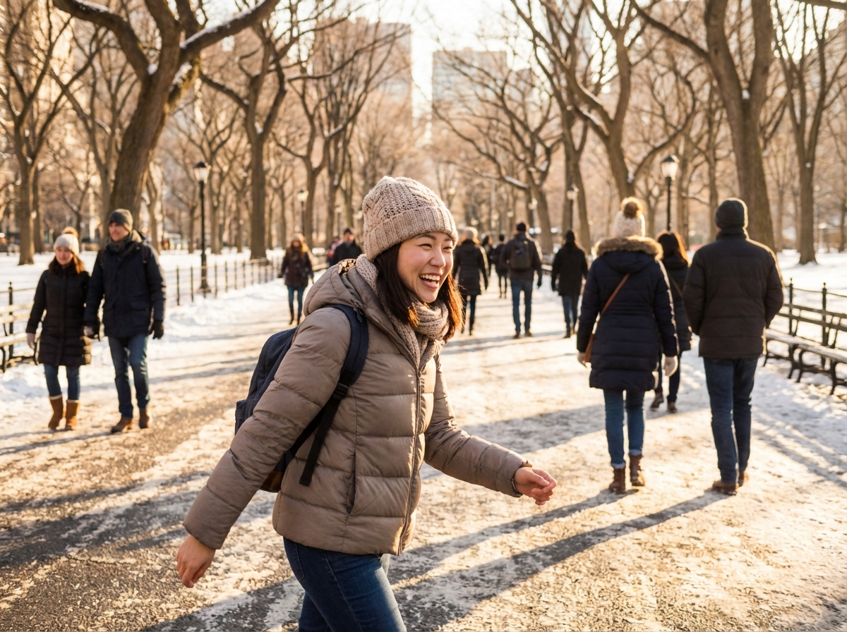 A Korean person happily walking in a sunny park during winter, bright natural sunlight, lifestyle photography, warm clothing, vibrant atmosphere, healthy lifestyle concept, 4:3 aspect ratio, no text.