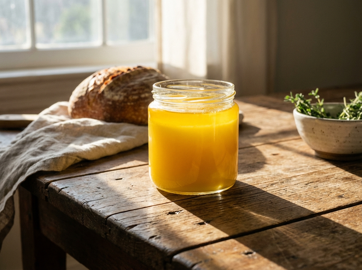 A glass jar filled with golden clarified ghee butter on a rustic wooden table, soft morning sunlight, healthy lifestyle vibe, high resolution, 4:3 aspect ratio, no text