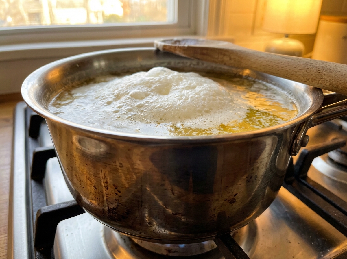 Unsalted butter melting in a stainless steel pot on a stove, white foam appearing on top, warm kitchen lighting, close-up shot, 4:3 aspect ratio, no text