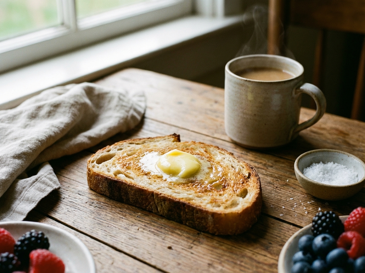 A slice of toasted bread with a dollop of creamy golden ghee butter, wooden background, cozy breakfast scene, lifestyle photography, 4:3 aspect ratio, no text