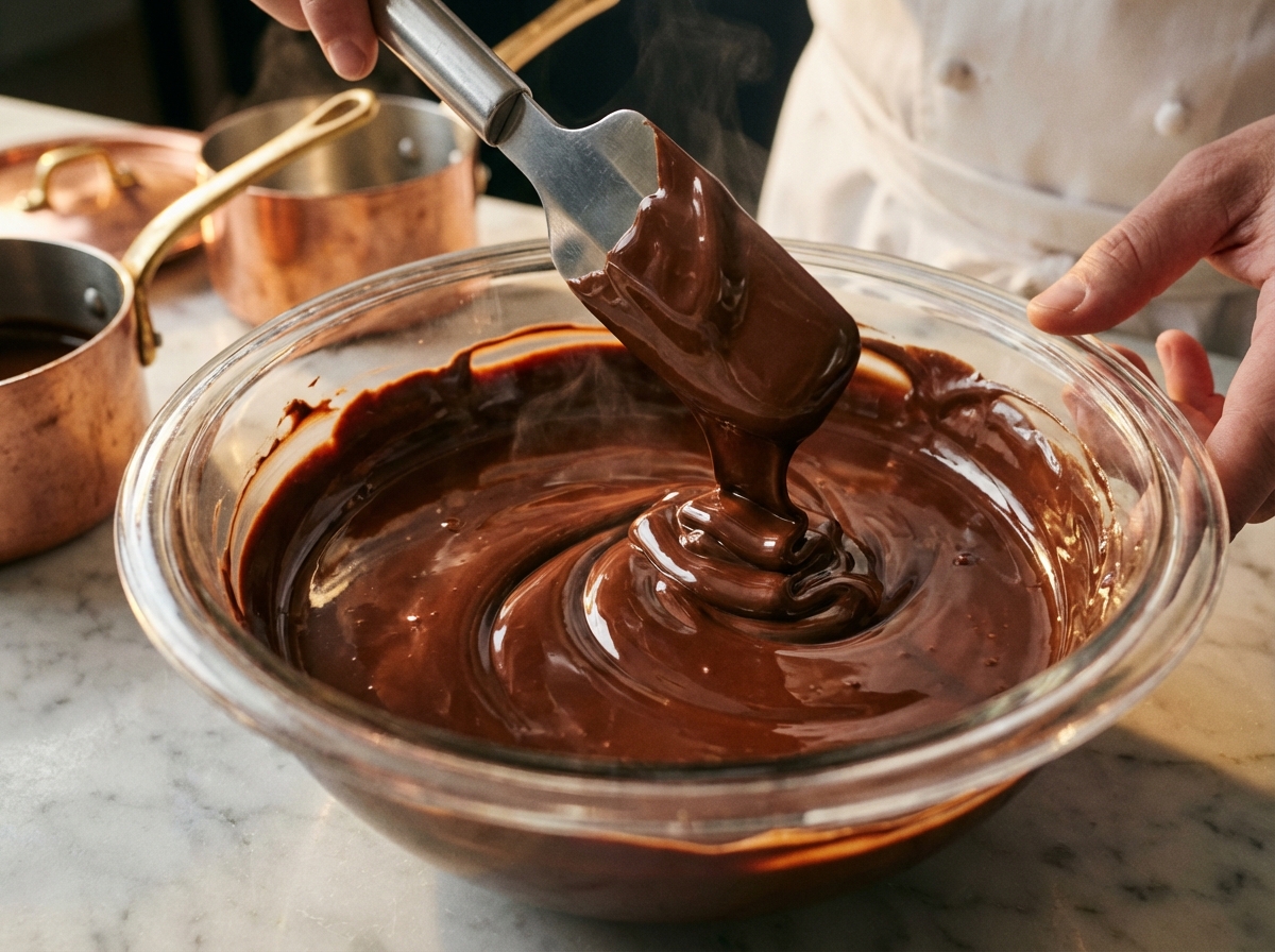 A close-up of glossy, melted dark chocolate being stirred with a spatula in a glass bowl, smooth and reflective surface, warm professional kitchen lighting, high quality photography, 4:3, no text