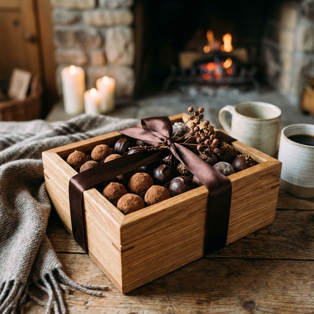 A beautiful wooden box filled with various handmade chocolates, some dusted with cocoa powder and some with a shiny finish, elegant gift packaging with a satin ribbon, warm and cozy aesthetic, lifestyle photography, 1:1, no text