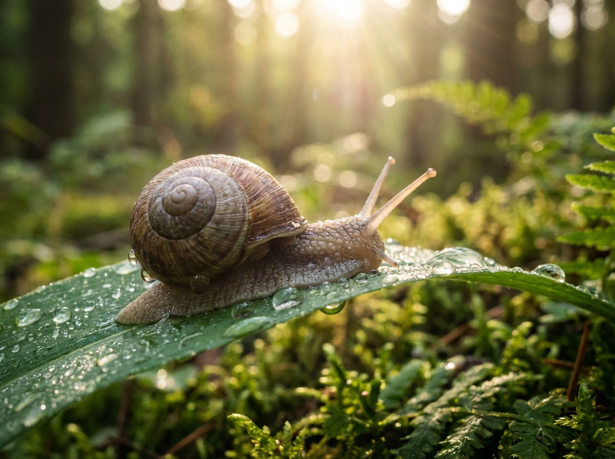 A macro photography of a garden snail crawling on a vibrant green leaf with morning dew drops, soft natural sunlight, blurred forest background, high resolution, 4:3 aspect ratio, no text.