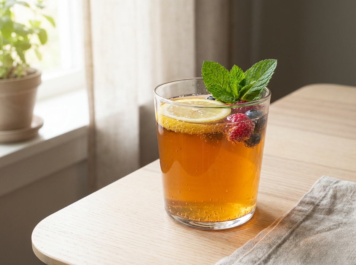 A refreshing glass of kombucha with bubbling carbonation, garnished with lemon slices and berries, placed on a light wooden table with soft natural sunlight coming through a window, 4:3, no text