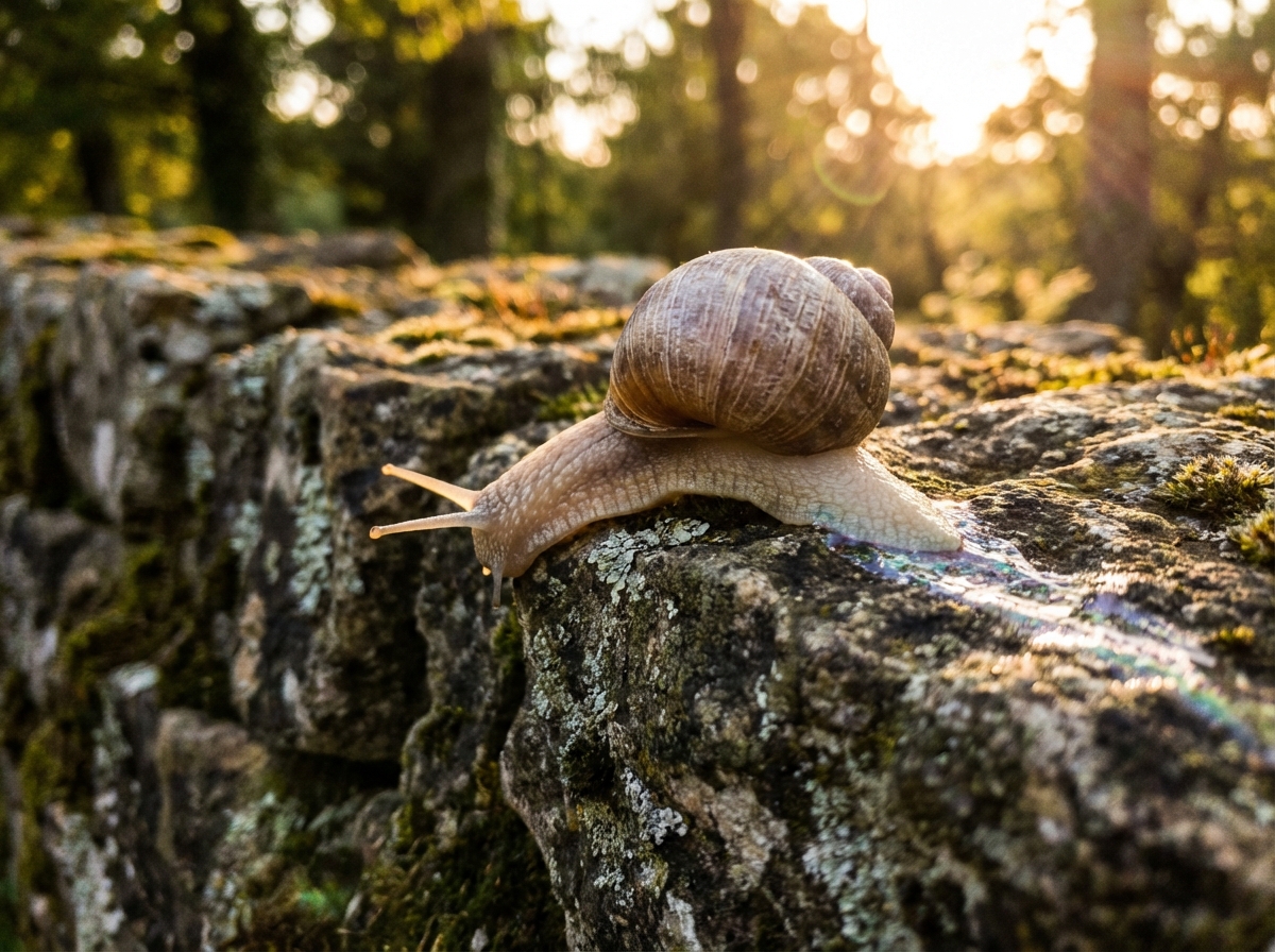 A detailed shot of a snail crawling over a textured stone wall, leaving a shimmering trail of slime behind it, warm golden hour lighting, cinematic composition, 4:3 aspect ratio, no text.
