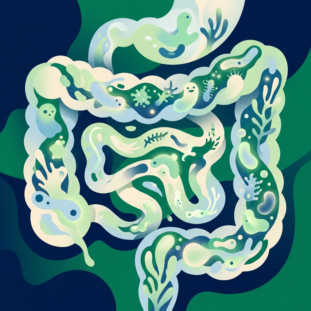 A creative and modern illustration representing gut health and probiotics, using soft pastel colors like green and blue, stylized organic shapes, high contrast, 1:1, no text