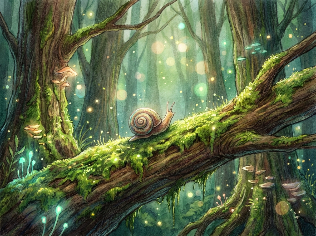 A creative illustration of a small snail on a mossy tree branch in a mystical forest, soft bokeh lighting, rich textures of green moss, artistic rendering, 4:3 aspect ratio, no text.